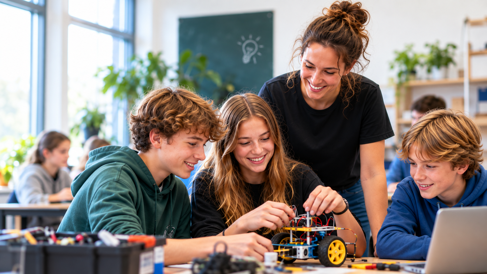 Leerlingen bouwen samen aan een robot tijdens een schoolworkshop
